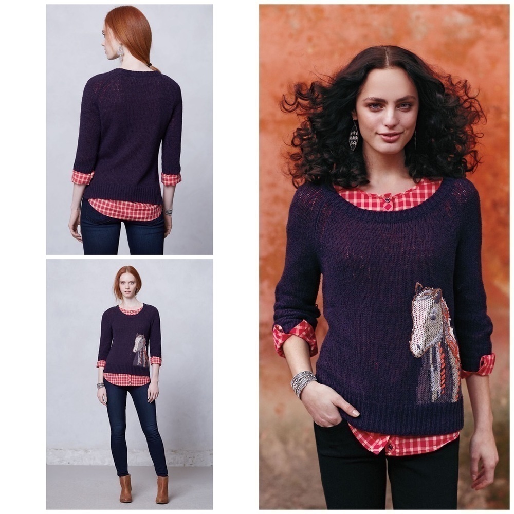 Anthro Moth Saddleback Embroidered Horse Sweater​​​​​​​